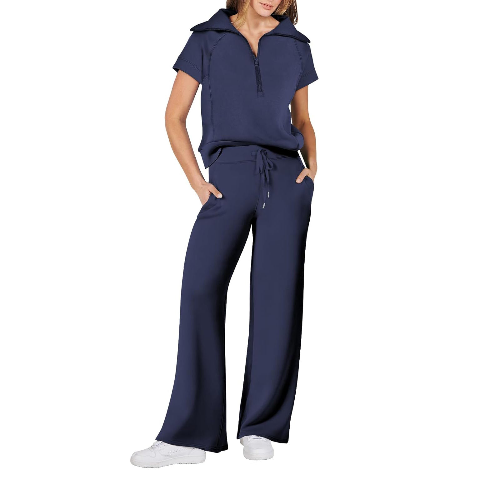 Women Casual Solid Zipper Shirt And Wide Leg Pants Two Piece Set 4