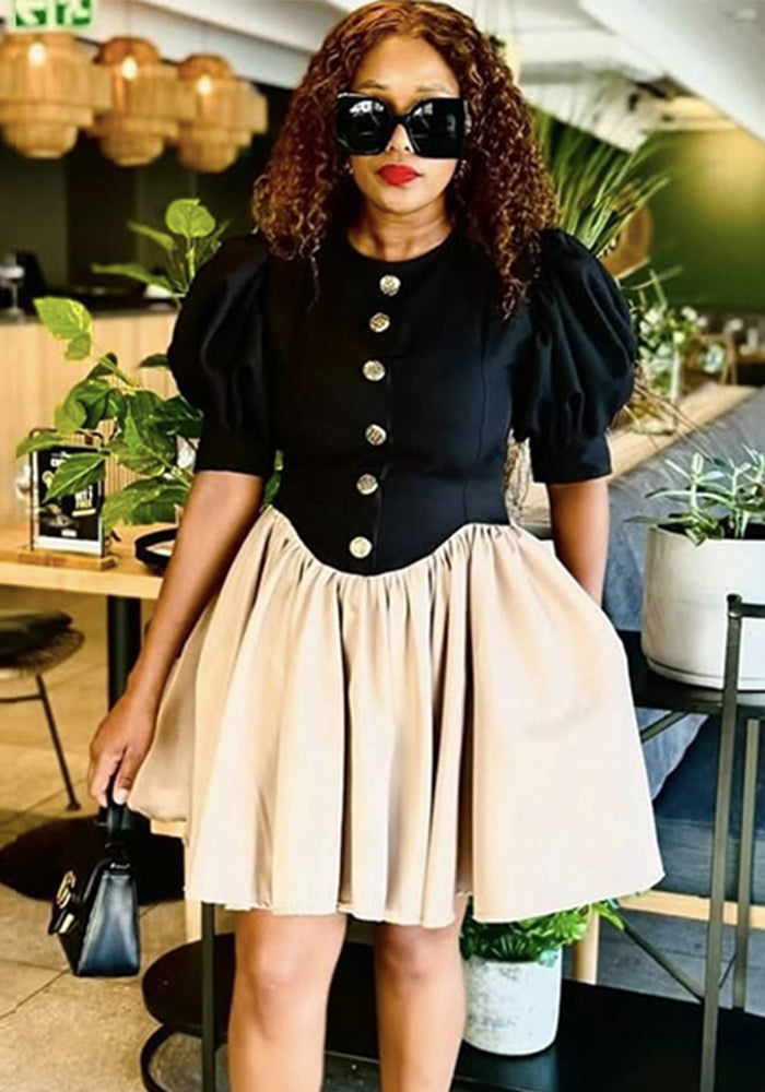 Women Summer Princess Sleeve Button Pleated Dress