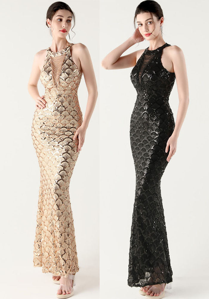 Halter Neck High Neck Hollow Fishtail Sequin Evening Dress Formal Party Gown