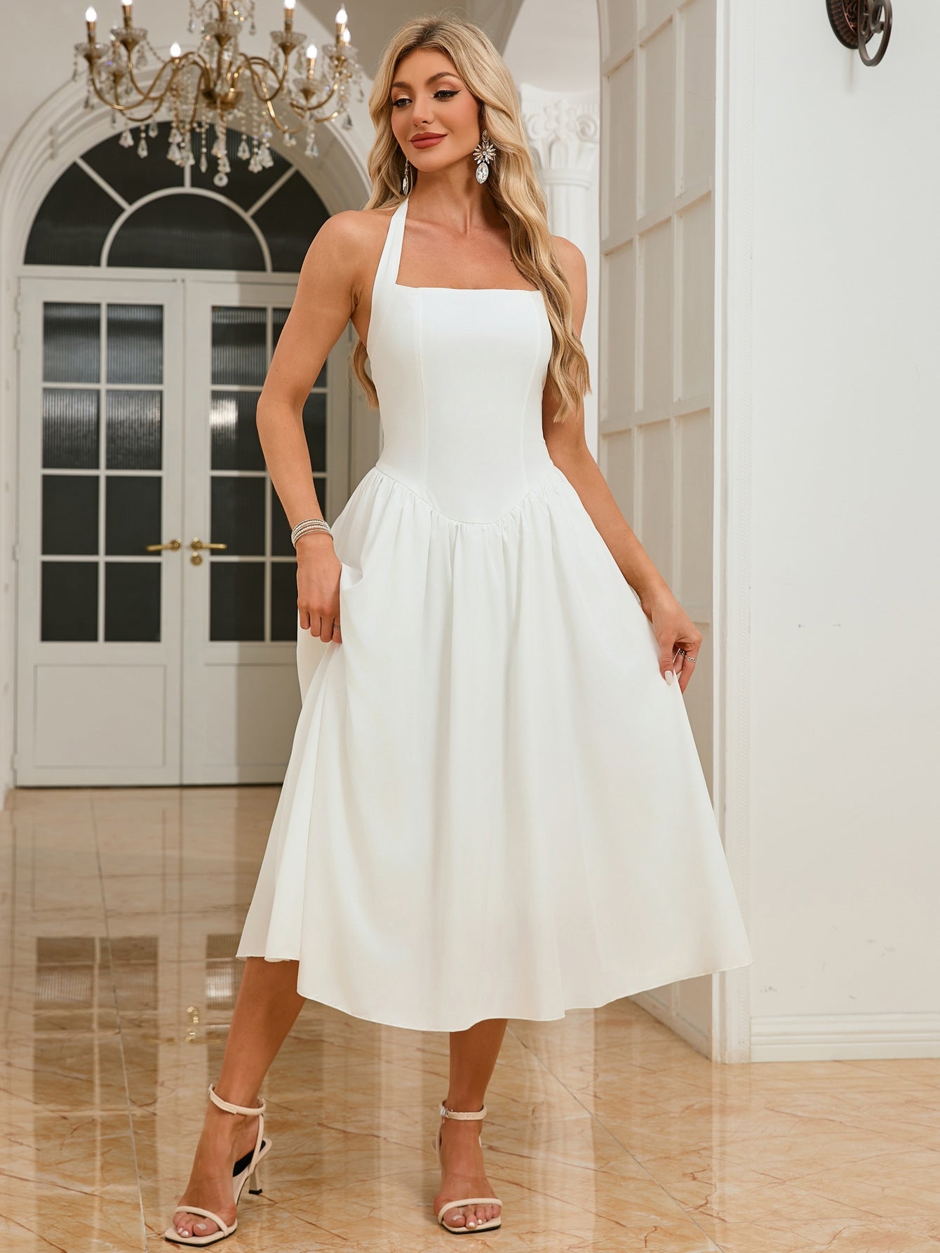 Women Sleeveless Halter Neck Backless Strap Dress 5