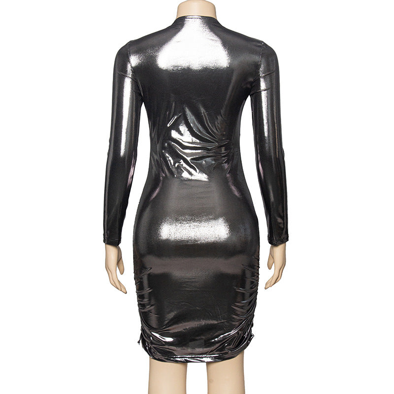 Women Solid Round Neck Long Sleeve Gathered Sexy Bodycon Mini Dress 11