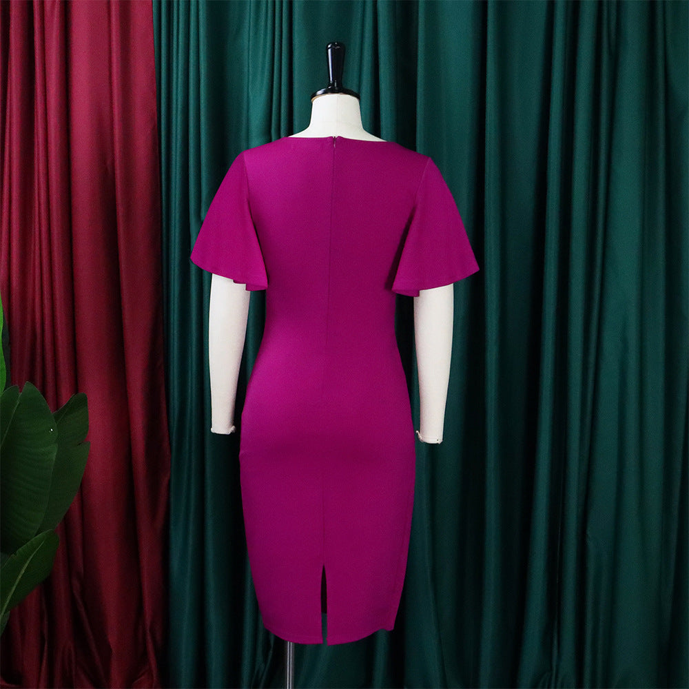 Women's Summer Solid Color High Waist Chic Career Ruffle Sleeve Office Dress 23