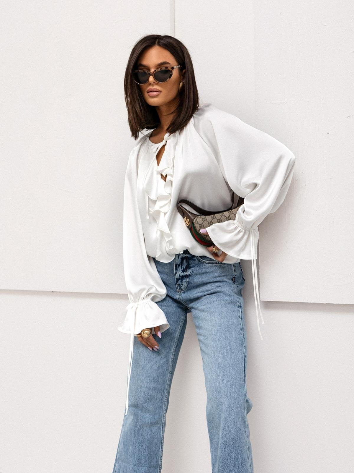 Women Spring ruffled Bell Bottom sleeve V neck lace shirt 8