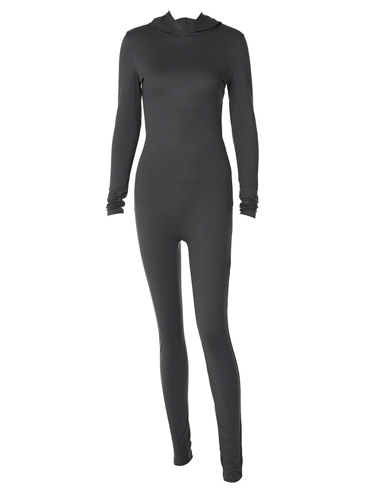 Women Winter Solid Long Sleeve Hooded Backless Sports Jumpsuit 6