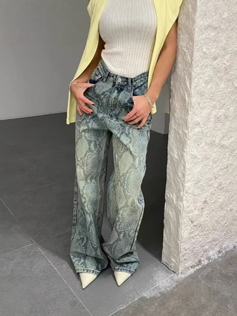 Women casual snake print denim Pant 4