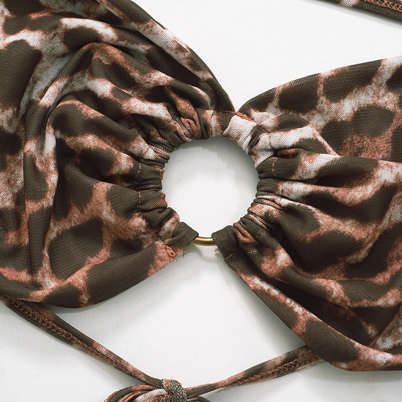 Women leopard print mesh long sleeve cape See-Through sexy two-piece set 11