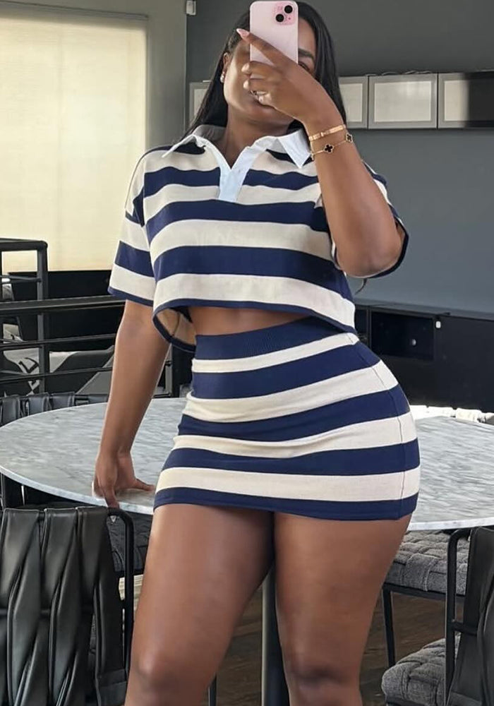 Women Striped Contrast Turndown Collar Crop Top and Skirt Two-Piece Set
