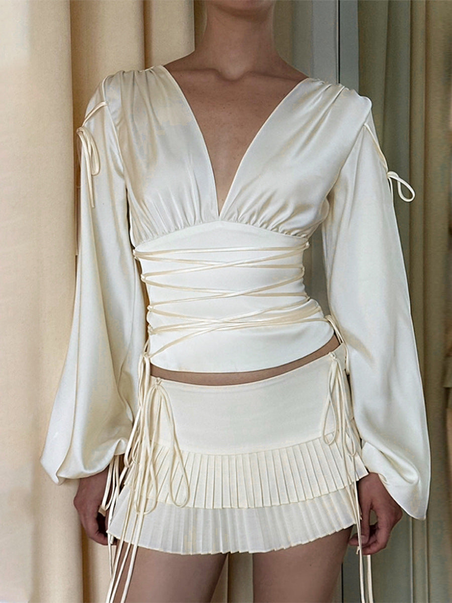 Autumn Long Sleeve Shirt High Elastic Satin Slim Waist Drawstring Women's Blouse 3