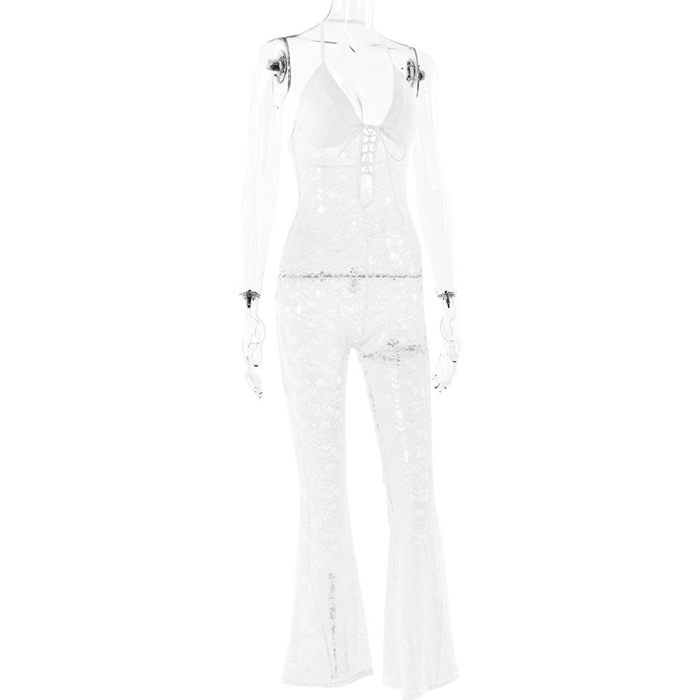 Spring Sexy Fashion See-Through Hollow Lace Low Back Halter Neck Slim Women's Summer Jumpsuit 14