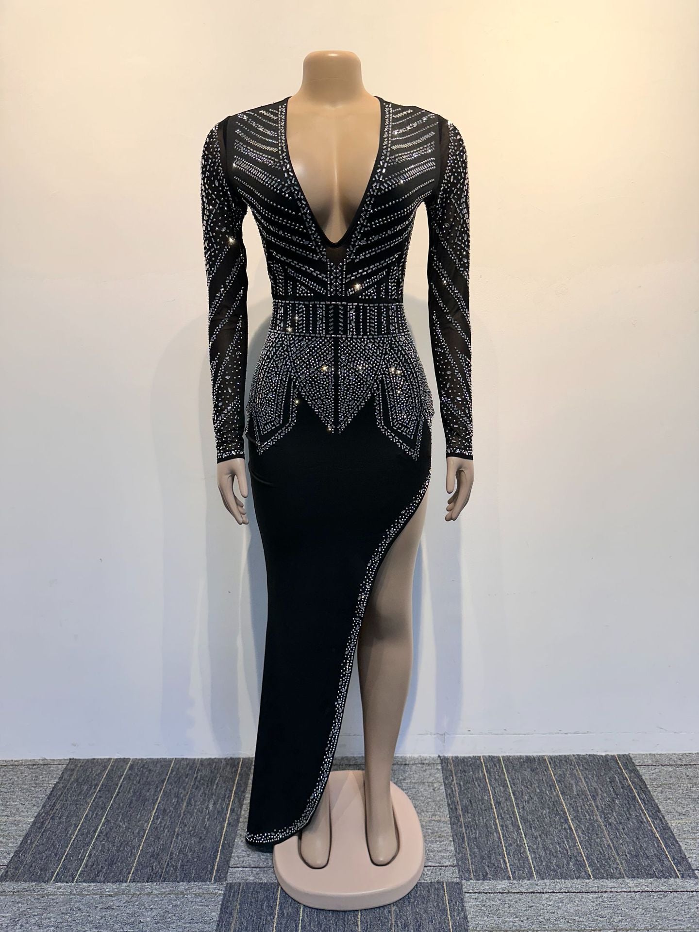 Women Sexy Beveled Beaded Stretch V-Neck Bodycon Dress 8