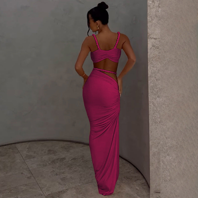 Women Spring Sexy Solid Backless Top and Bodycon Skirt Two-piece Set 31