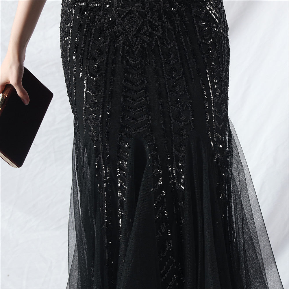 Sexy One Shoulder Sequins Mesh Patchwork Evening Dress 50