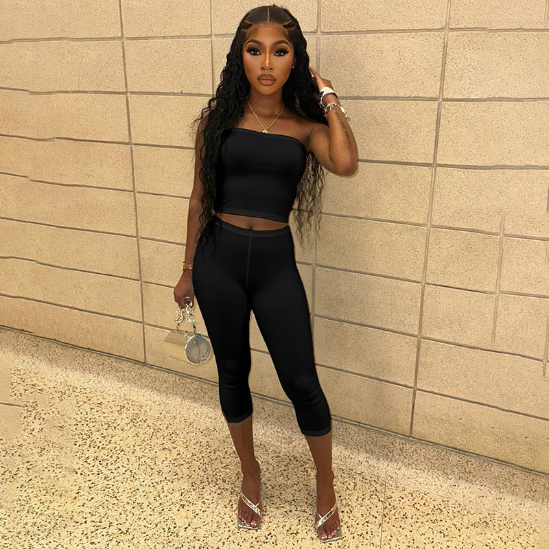 Women's spring and summer solid color Strapless Crop Top elastic waist seven-quarter split pants set 3