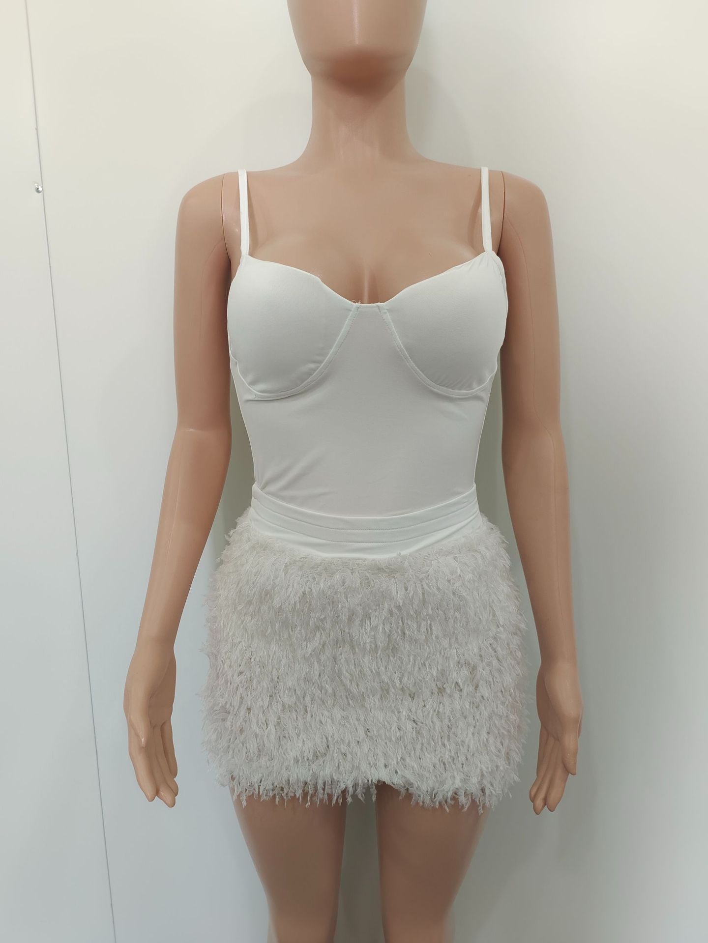 Solid color straps bodysuit fur skirt two piece set 13