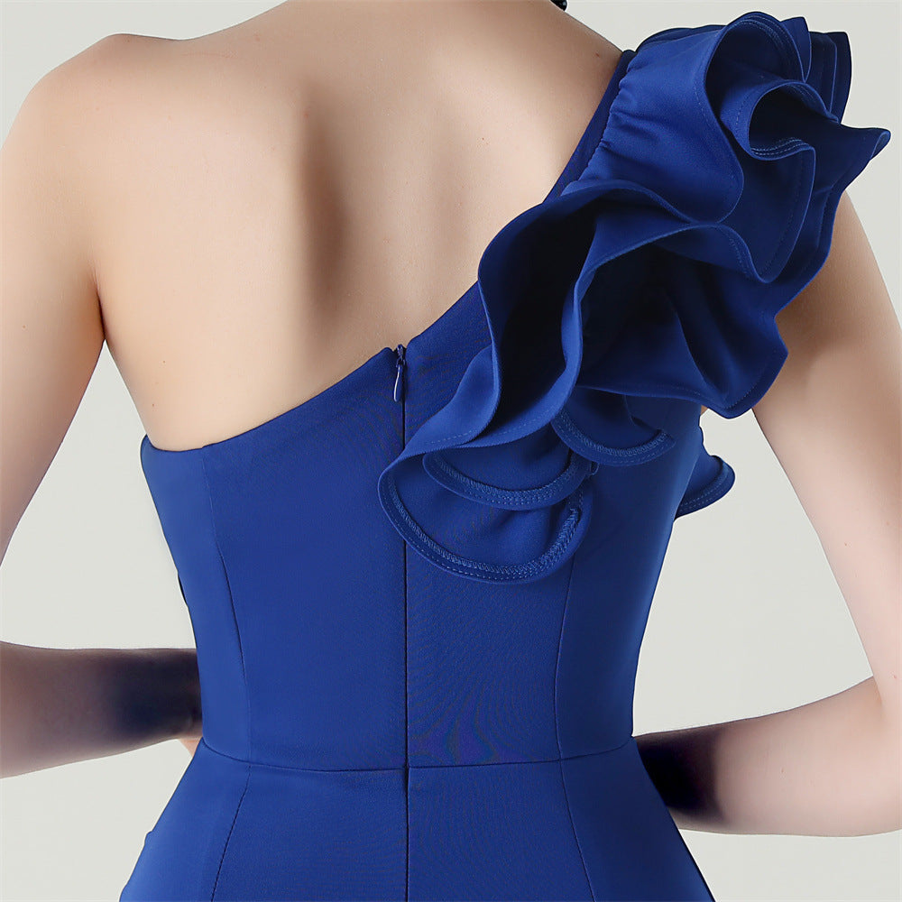 Women One-Shoulder Beaded Wool and Floral Satin Slit Sexy Evening Dress 61