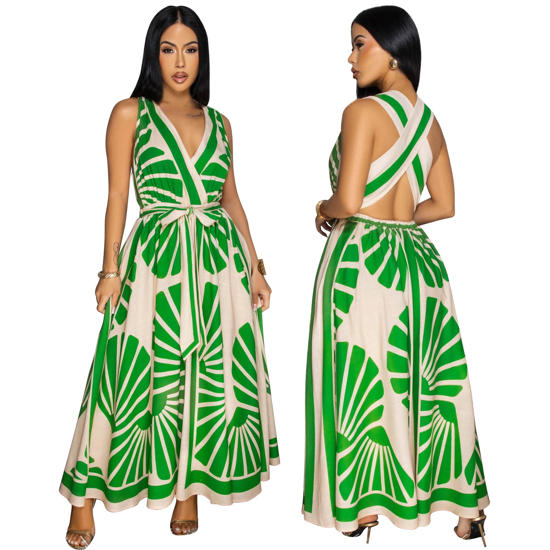 Women sexy V Neck sleeveless Print Bohemian dress