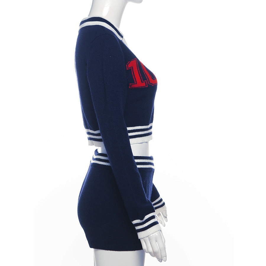 Women Sexy Long Sleeve Crop Top and shorts knitting Two Piece Set 9