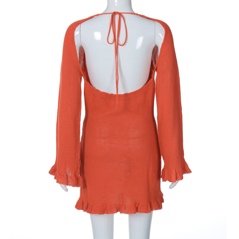 Winter Sexy Knitting Tie Low Back Bell Bottom Long Sleeve Solid Color Dress 25