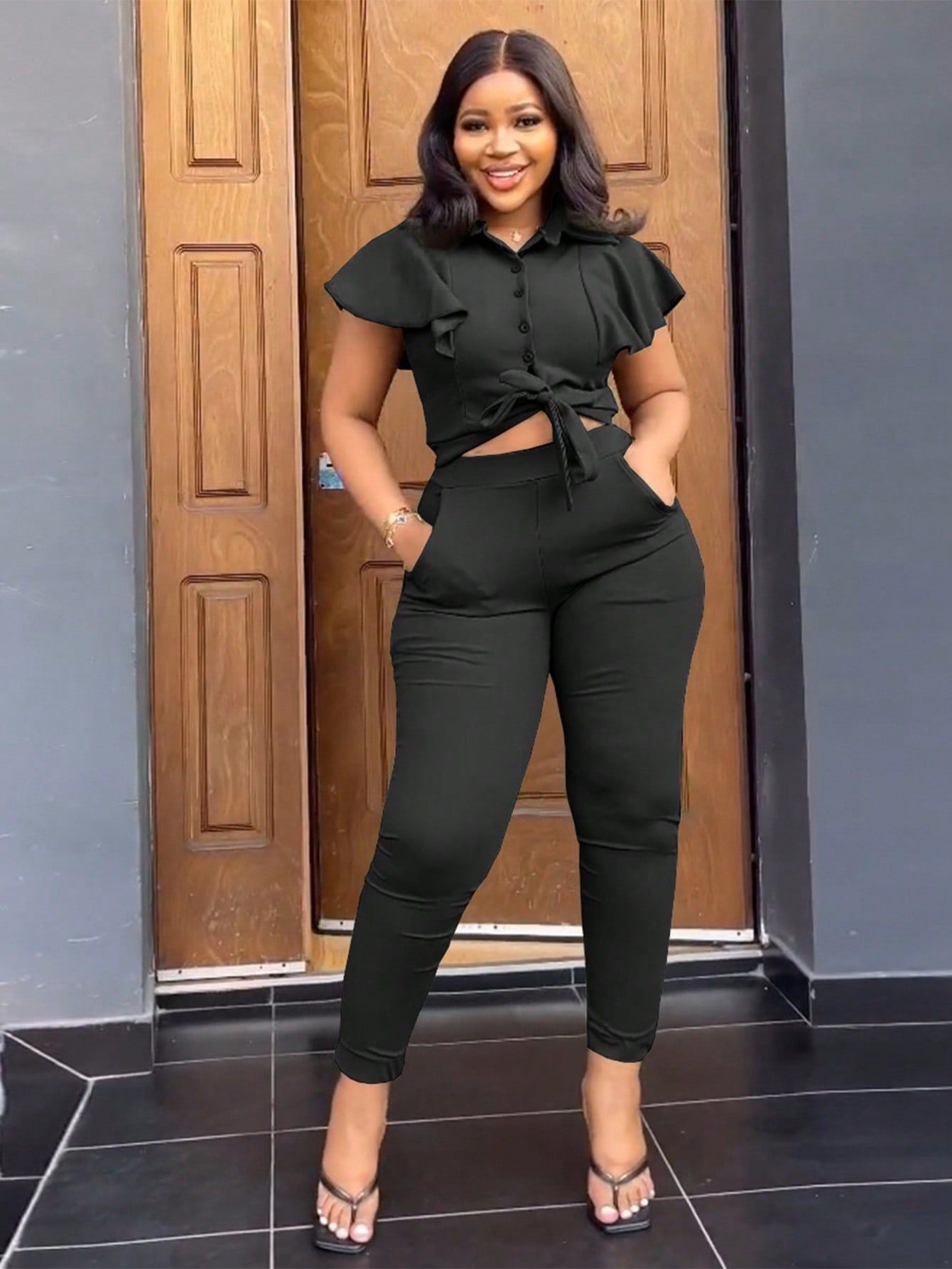 Women Turndown Collar Top and Pocket Pants Two Piece 6