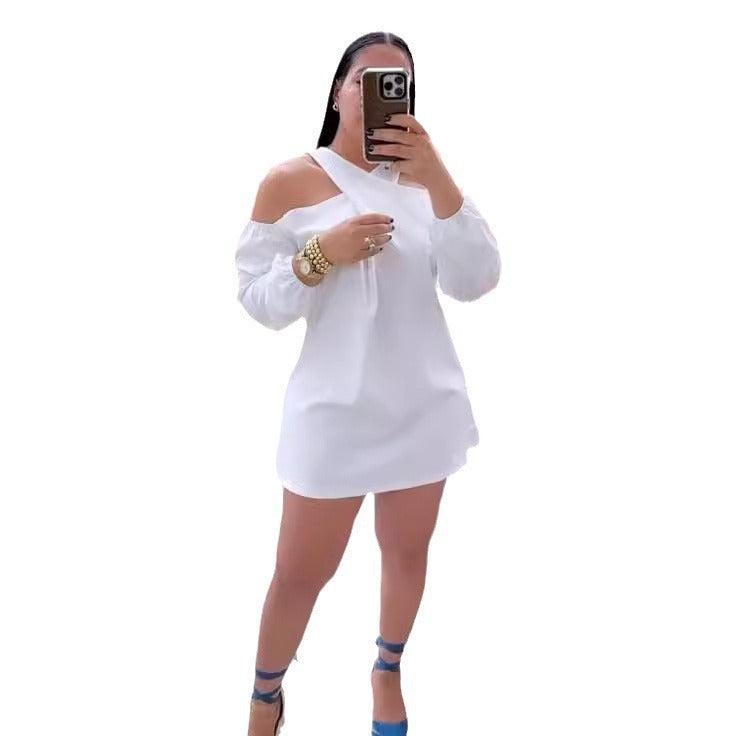 Women Solid Hollow Shoulder Crossover Dress 11