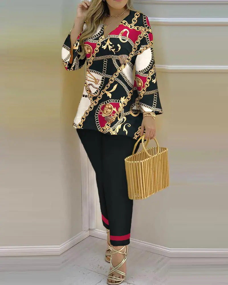 Spring Summer Print Fashion V-Neck Long Sleeve 2-Piece Pants Set 15