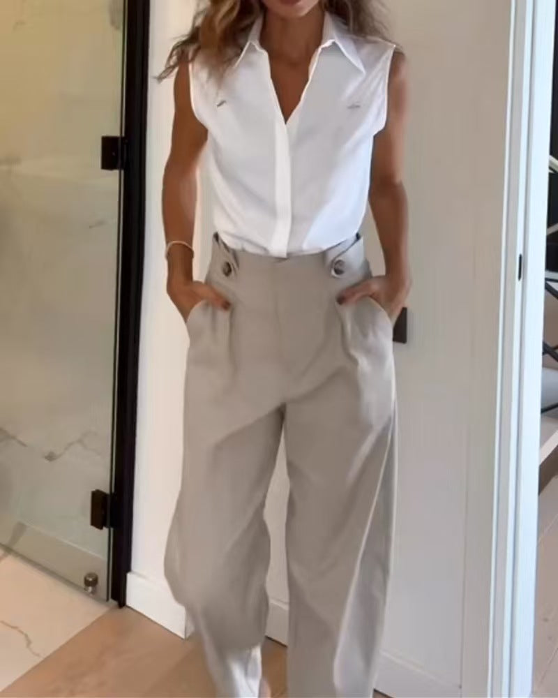 Women's Sleeveless Shirt High-Waist Straight Pants Set 5