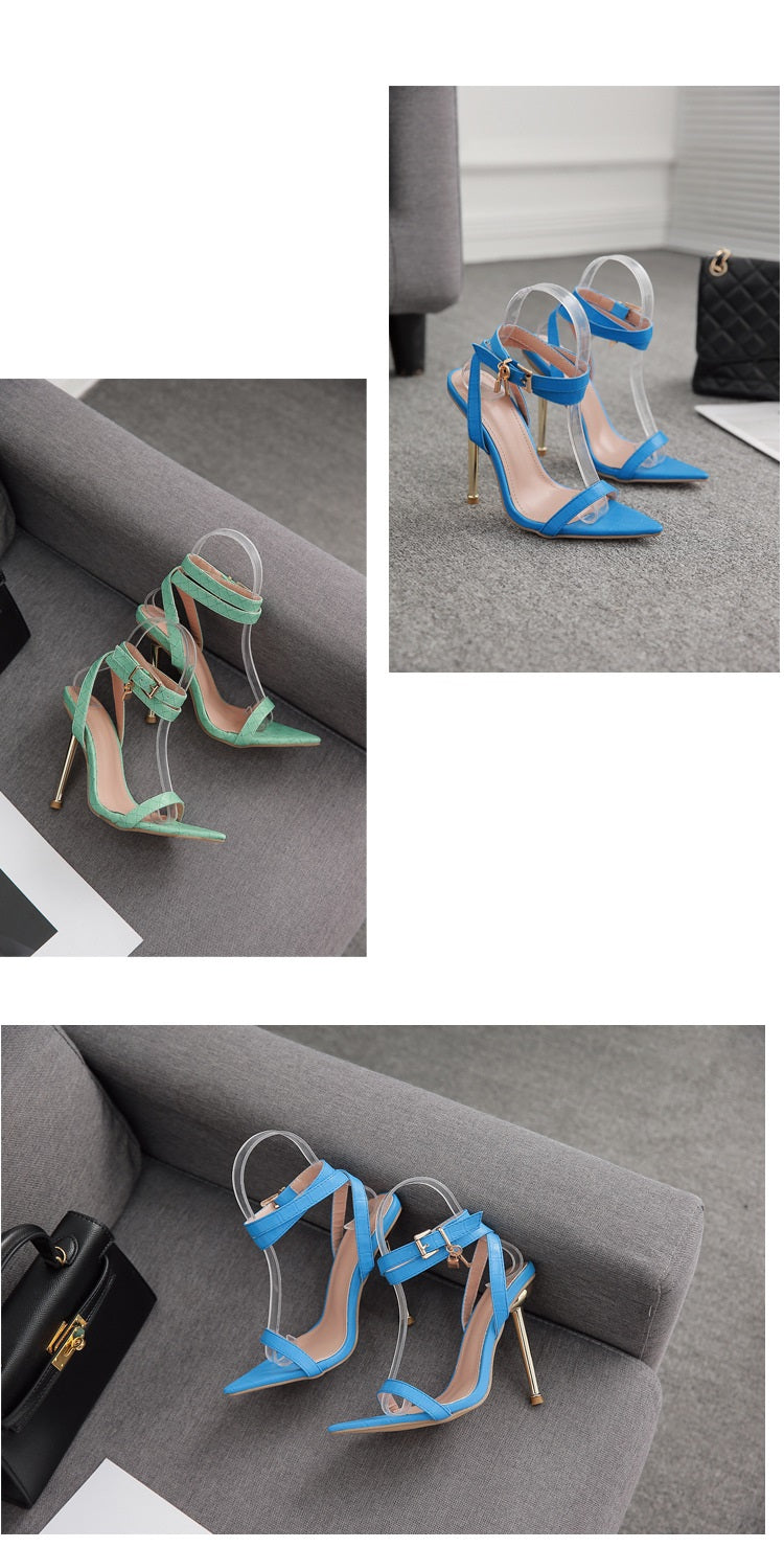 Women Pointed Toe Metal Lock Stiletto Sandals 15