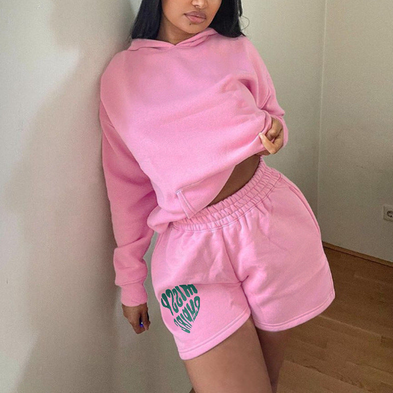 Women long-sleeved Hoodies and shorts two-piece set 3