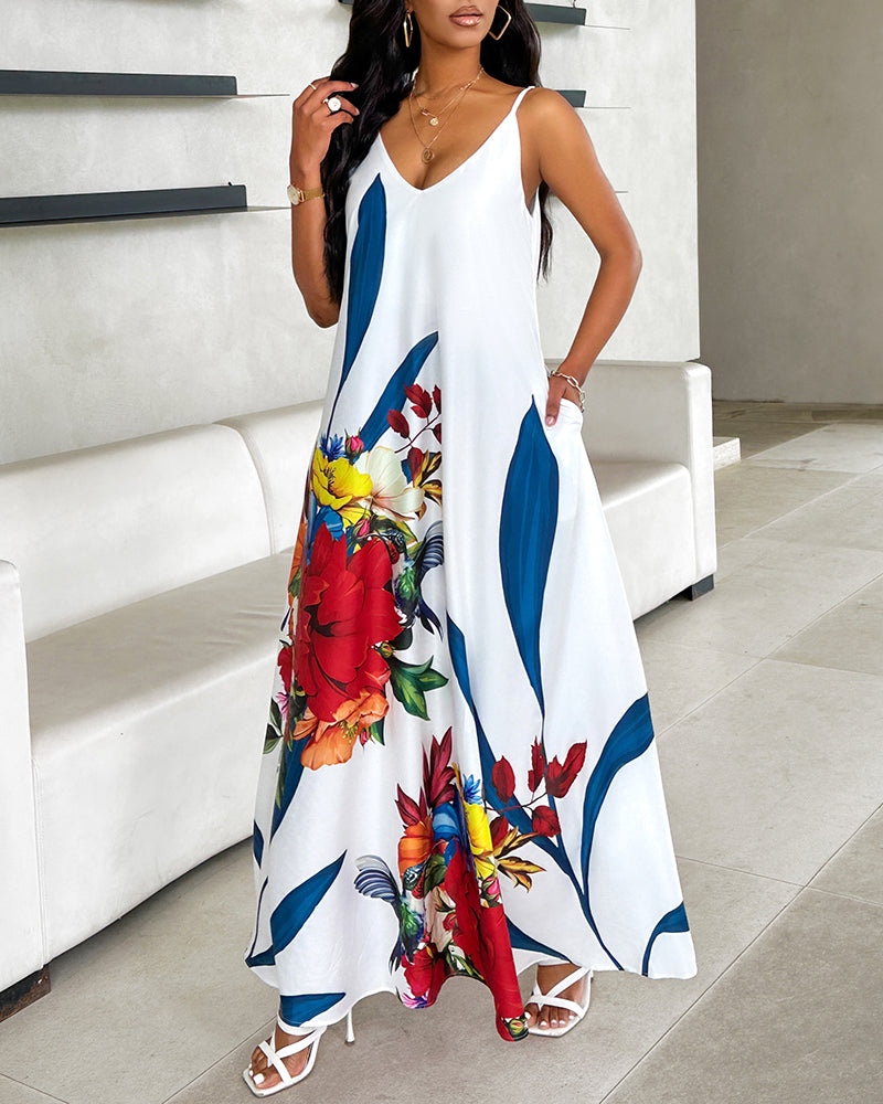 Women's Floral Print Strap V-Neck Loose Maxi Dress