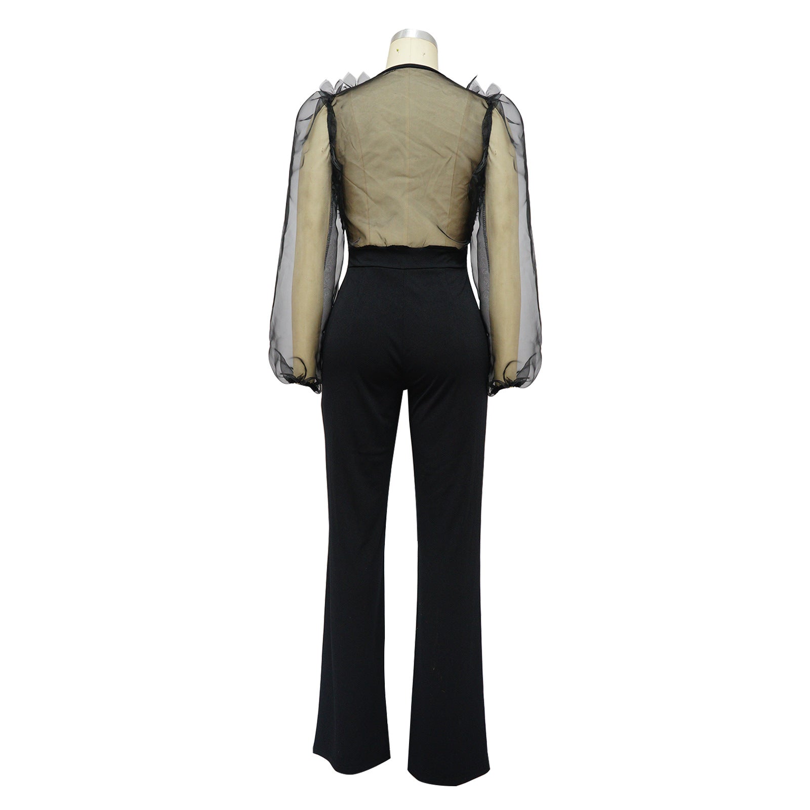 Women Mesh Balloon Sleeve V-Neck Backless Jumpsuit 11