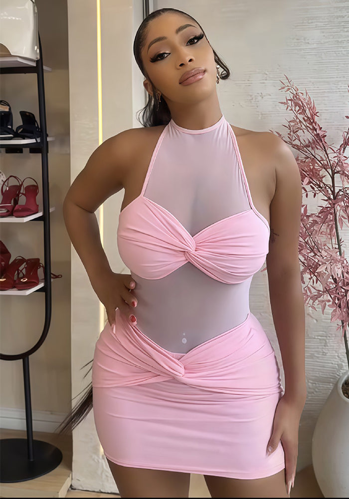 Women Fall Solid Sleeveless Halter Neck Sexy See-Through Mesh Patchwork Bodycon Dress