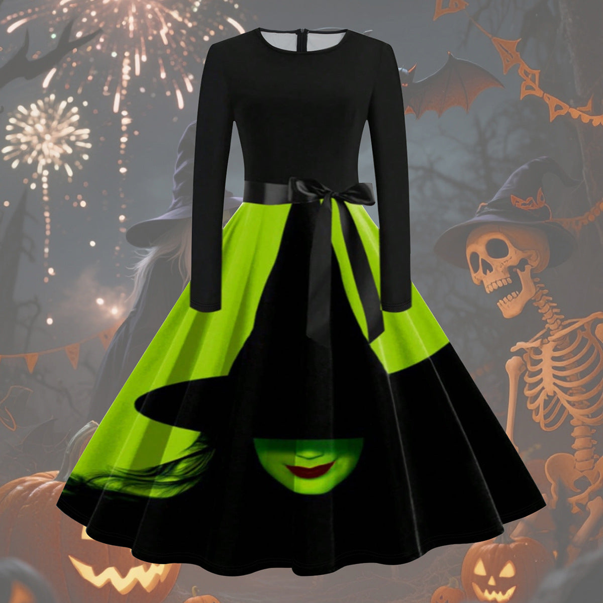 Women Halloween Witch Long-Sleeved Round Neck Dress 12