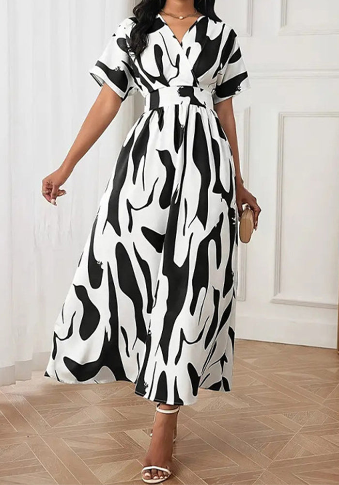 Fashion Printed V-Neck Slim Waist Elegant Women's Dress