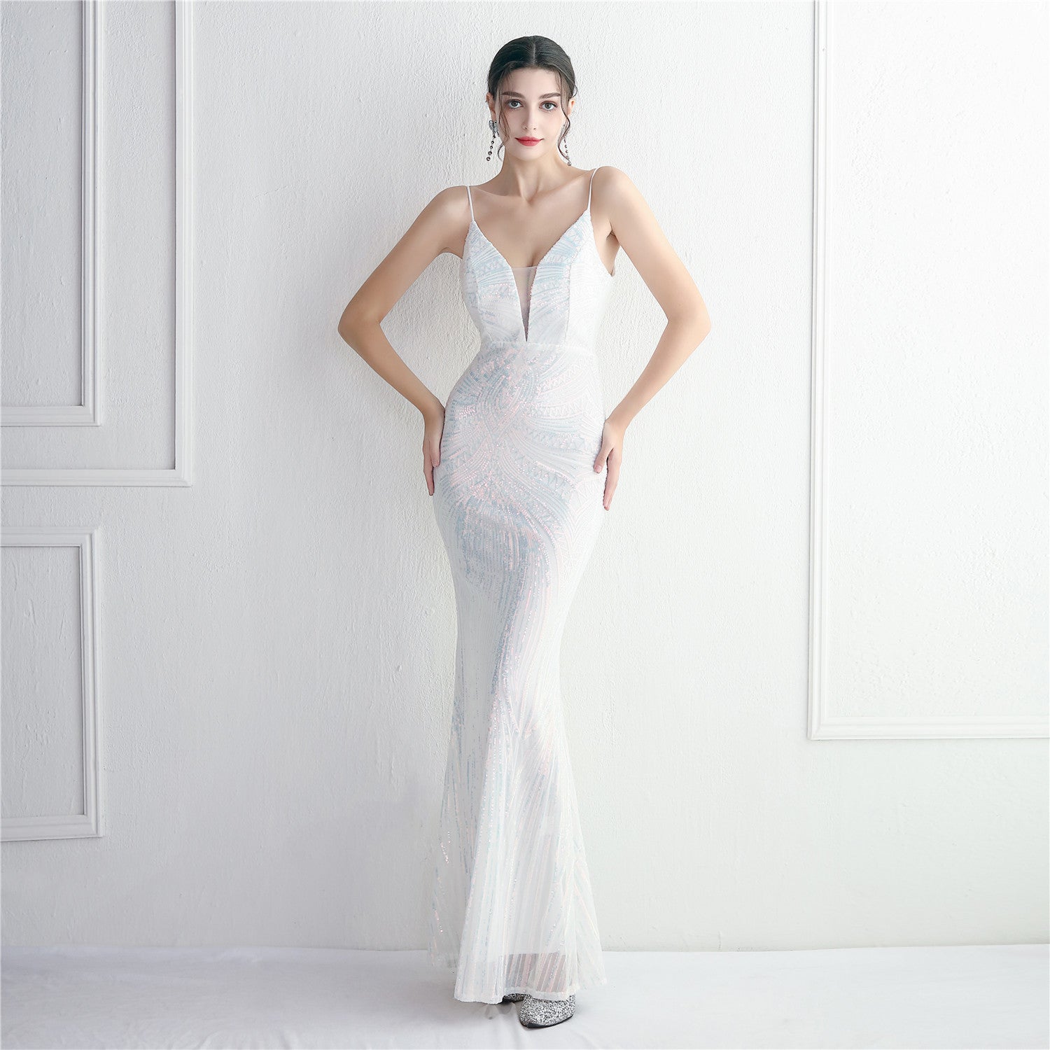 WomenElegant Sequin Backless Fishtail Evening Dress