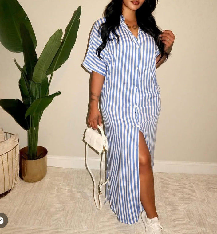 Striped shirt loose long dress 4