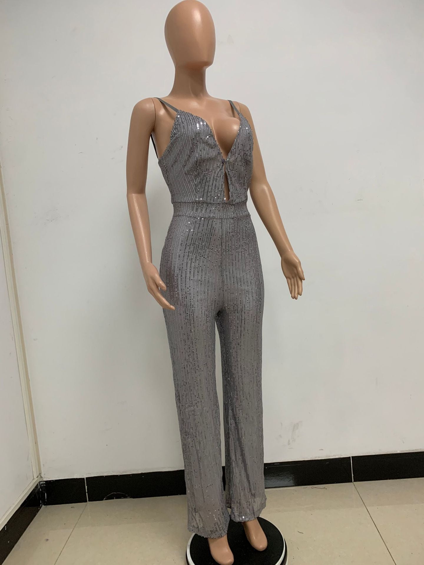 Deep V Neck Low Back Sleeveless Chic Sequined Straps Elegant Women's Party Jumpsuit 128