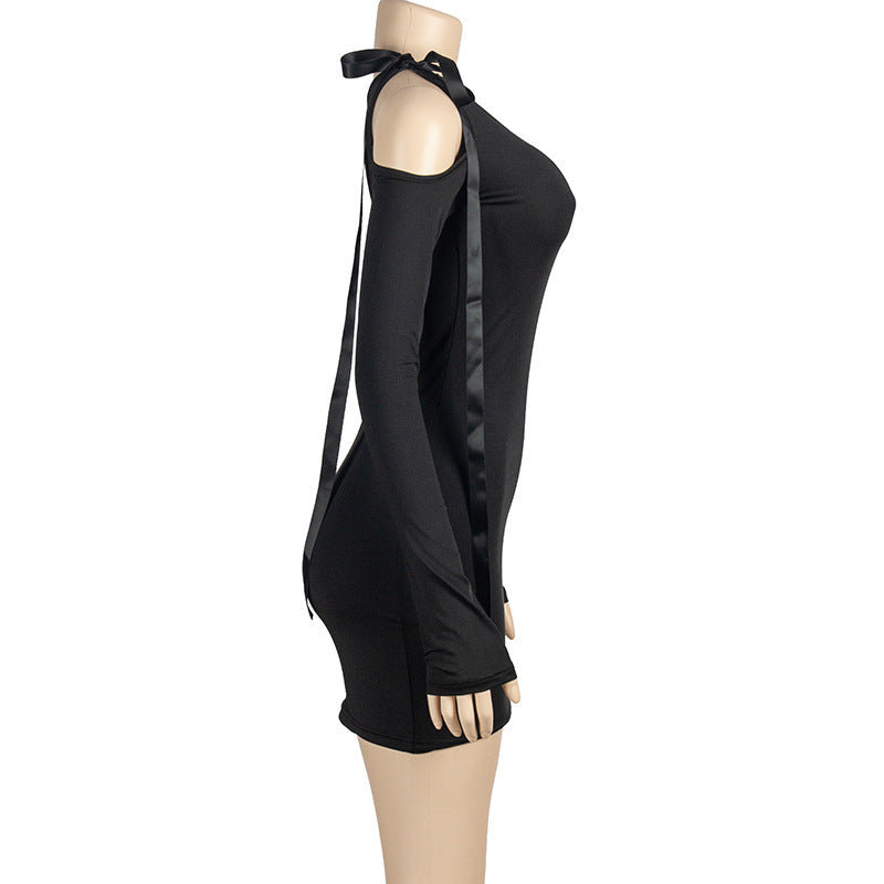 Women Spring Solid Slash Shoulder Strappy Off Shoulder Long Sleeve Dress 13