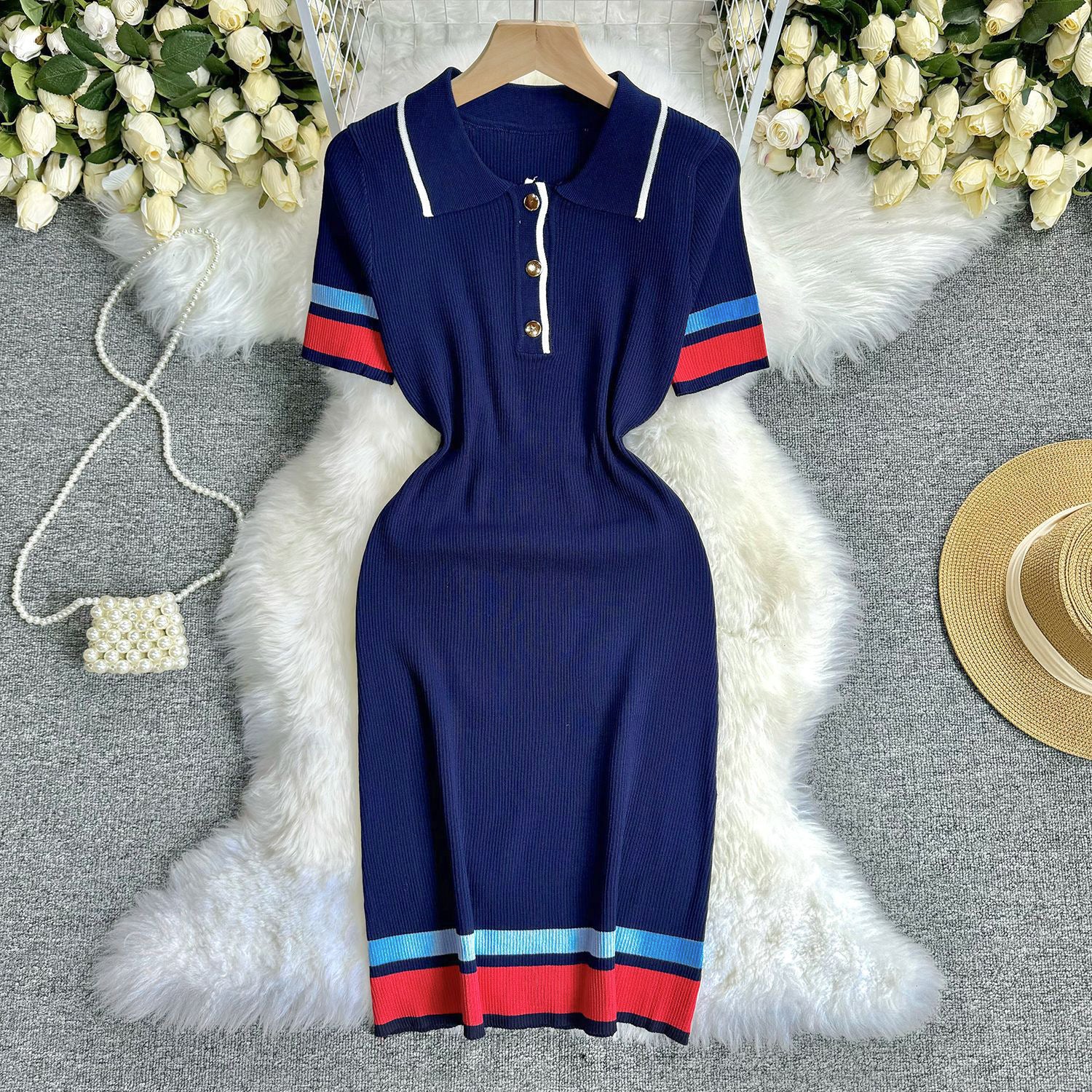 Women Summer Casual Polo Neck Colorblock Short Sleeve Knitting Dress 3