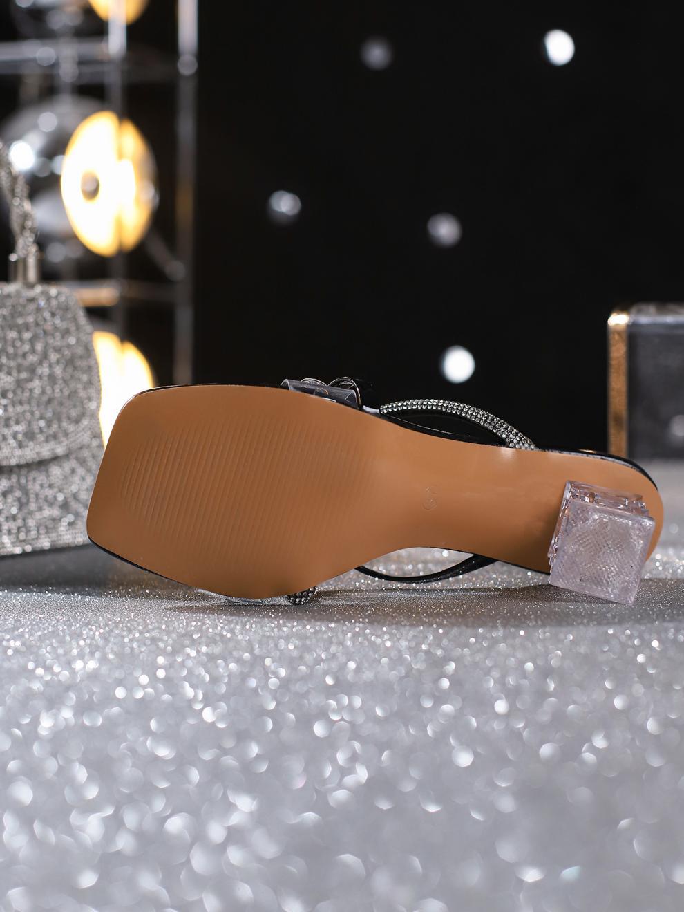 Women Square Toe Diamond Block Heel High Heel Open Toe Sandals 14