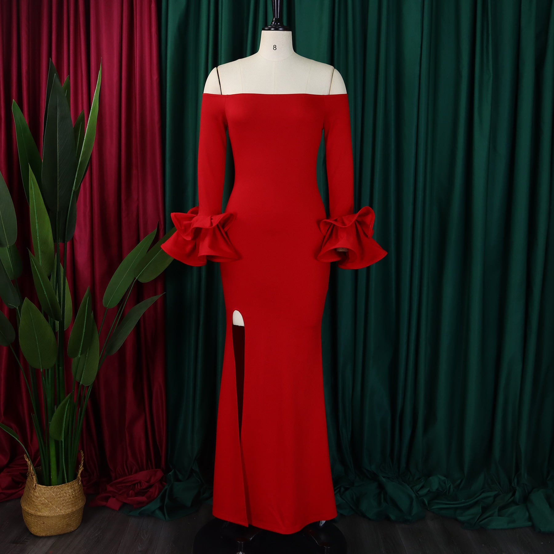 Fashionable And Elegant Off Shoulder Ruffle Sleeves Slit Formal Party Long Dress 17