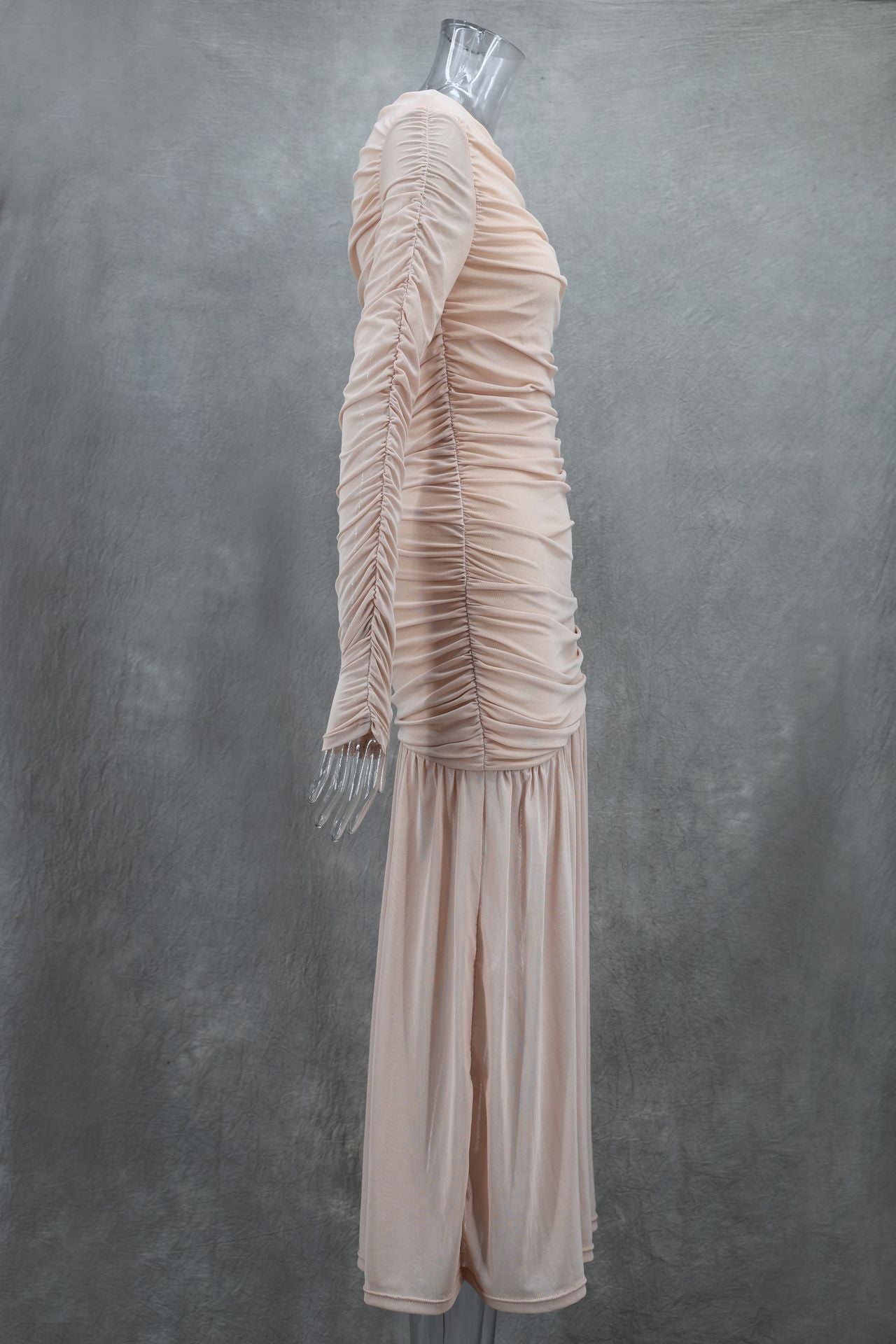 Women Elegant Sexy Round Neck Long Sleeve Pleated Solid Maxi Dress 9