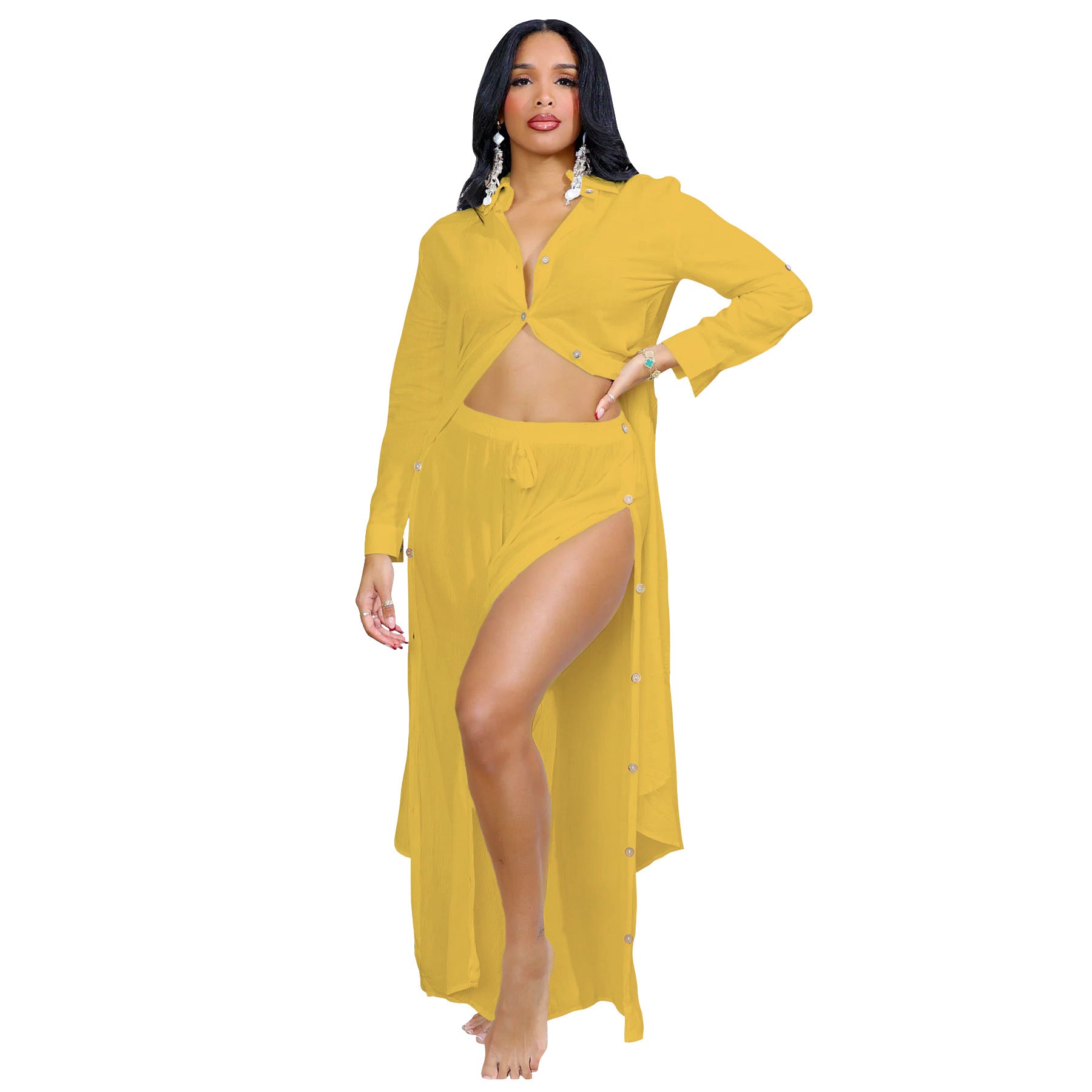 Women Solid Long Sleeve Top and Slit Skirt 2-piece set 11