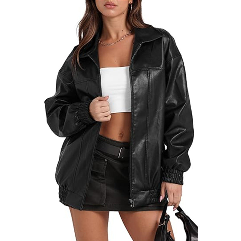 Women Long Sleeve Turndown Collar Zipper Pocket Casual Windbreaker Pu Leather Jacket 13