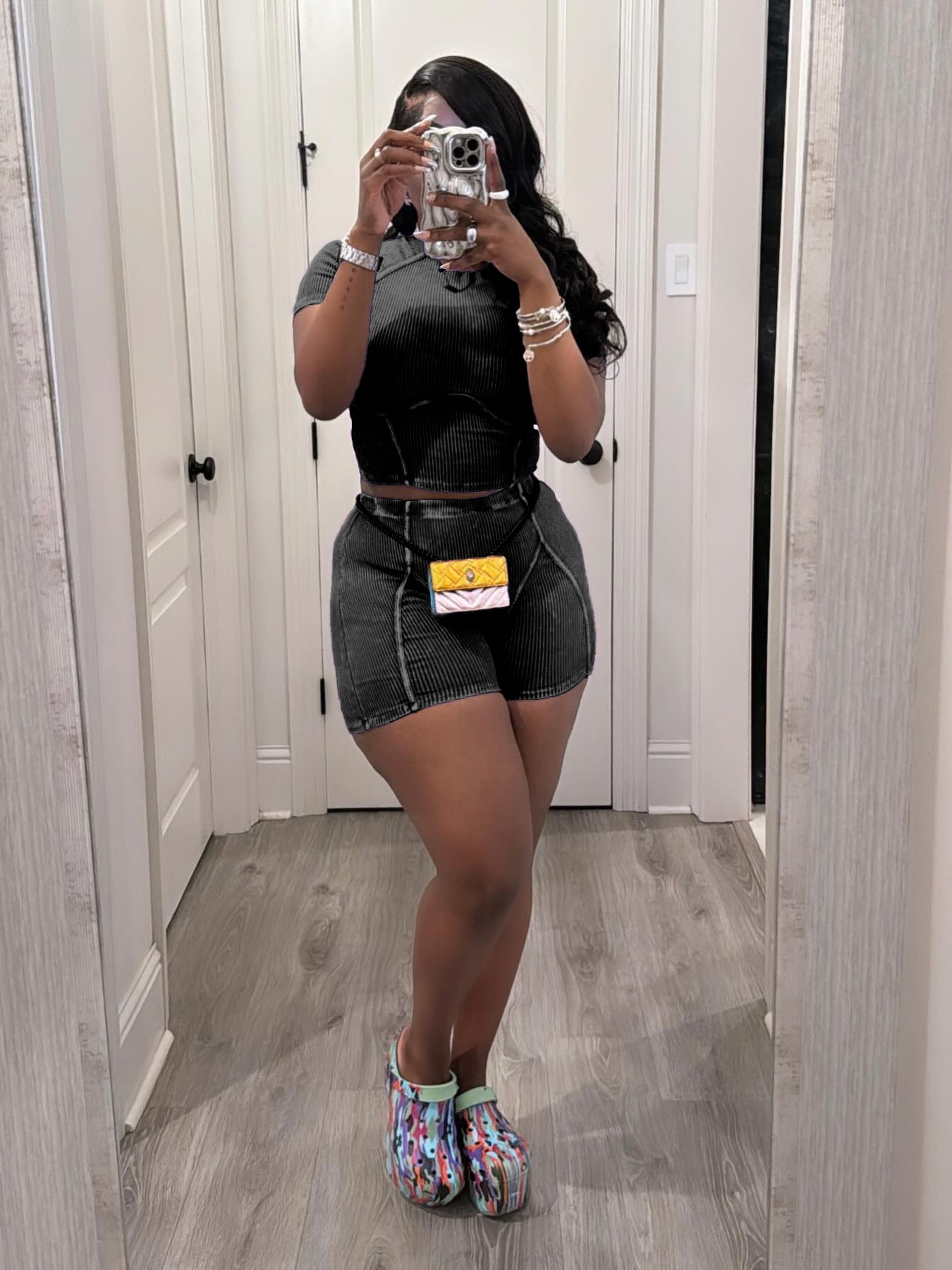 Women Fashion Ribbed Washed faded two-piece shorts set