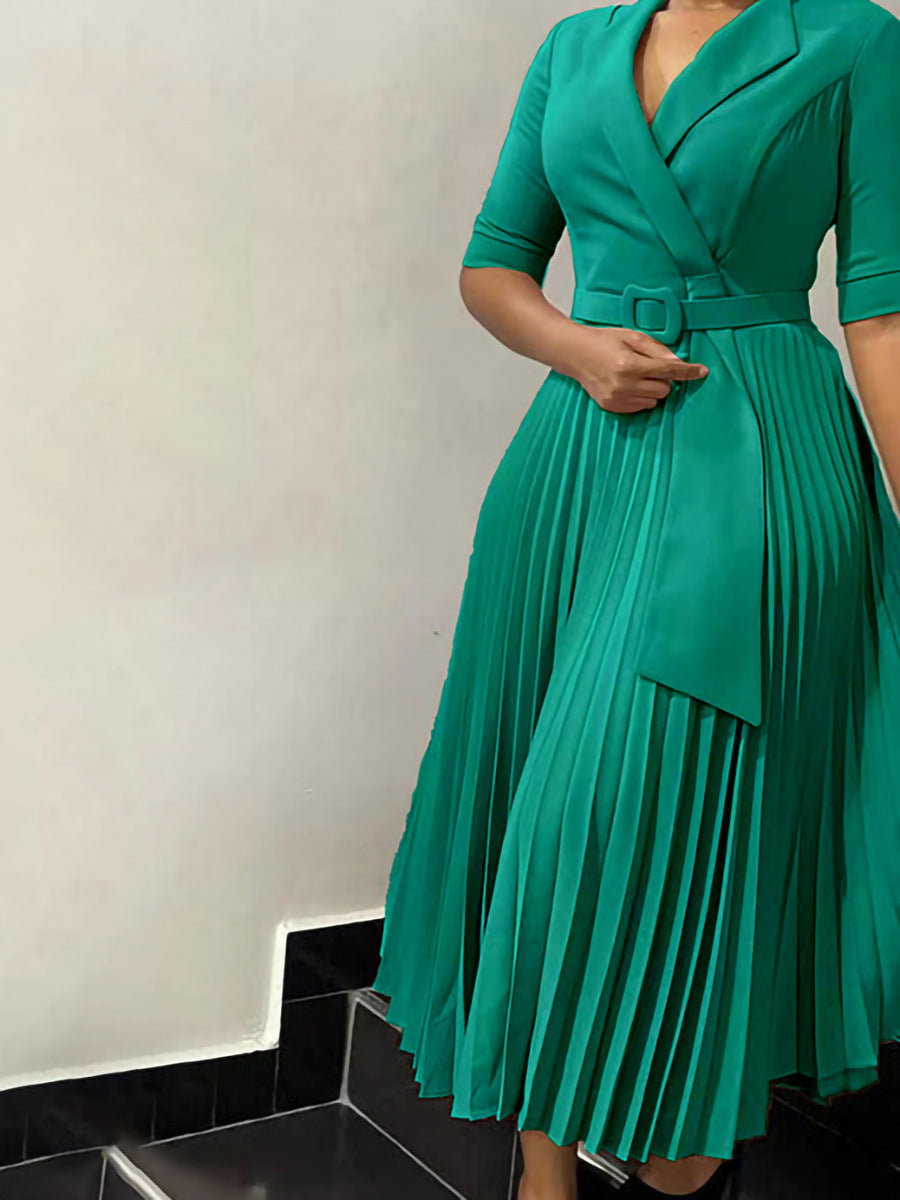 Women Turndown Collar Pleated Solid Dress 7
