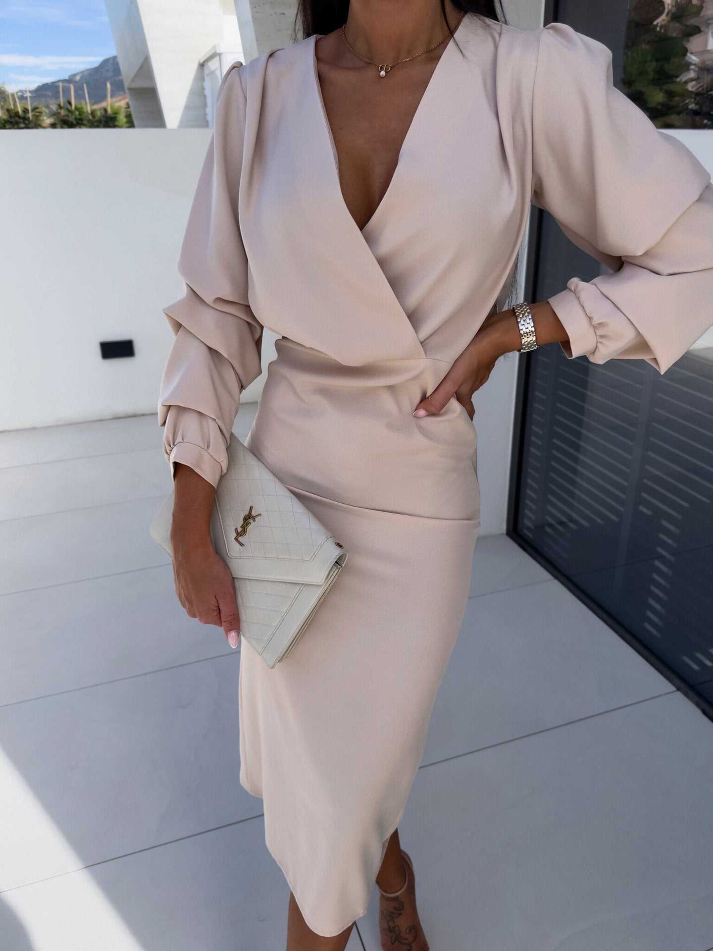 Women Autumn V-neck Solid Bodycon Dress 4