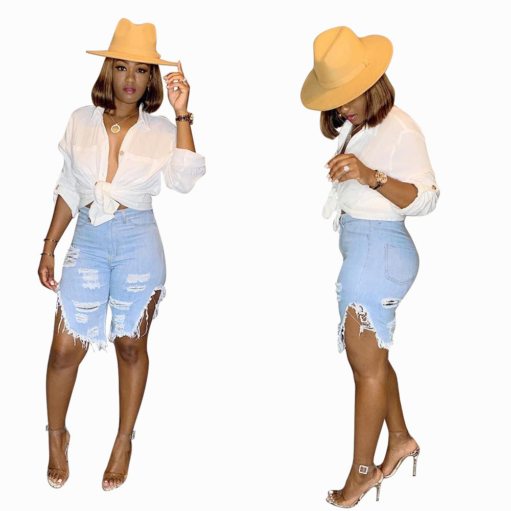 Distressed Denim Knee-Length Shorts 7