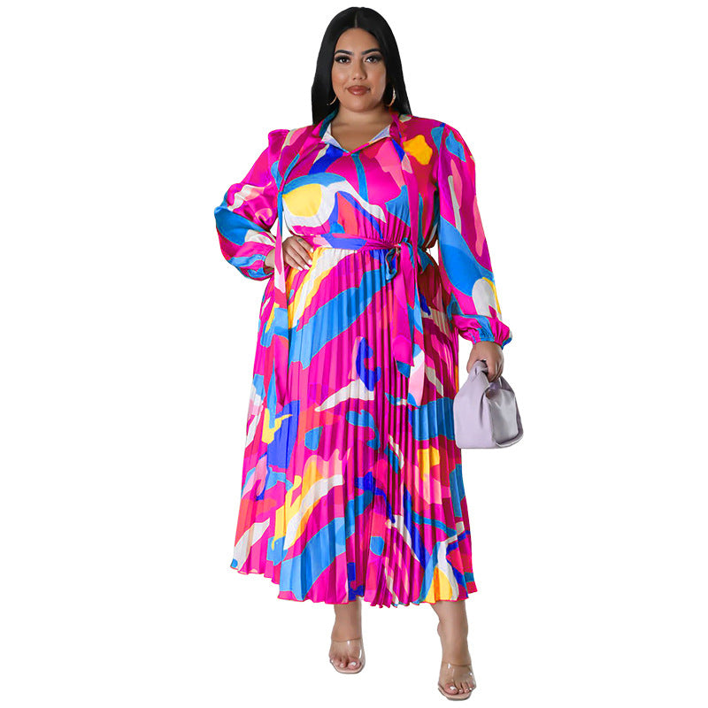 Plus Size Women Lace-Up Long Sleeve Printed Pleated Dress 28