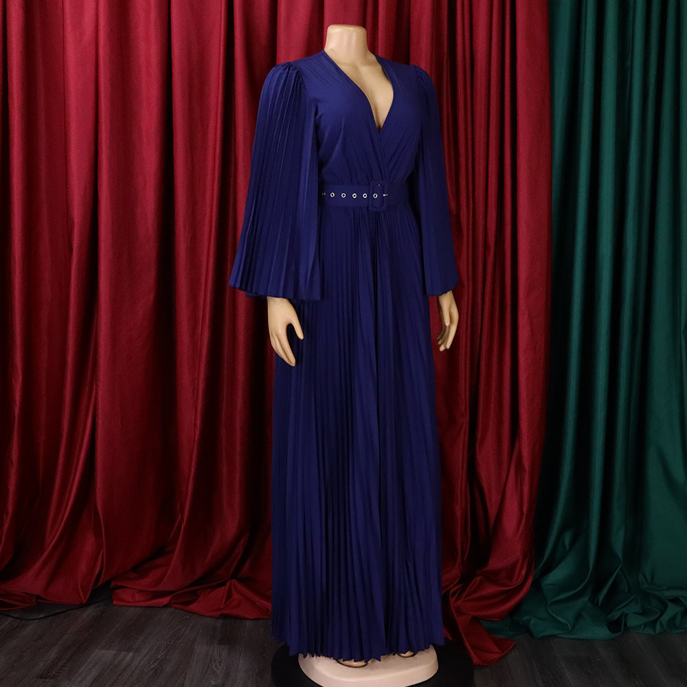Elegant Women'S Solid Color V-Neck Sexy Pleated Long Dress Maxi Dress 21