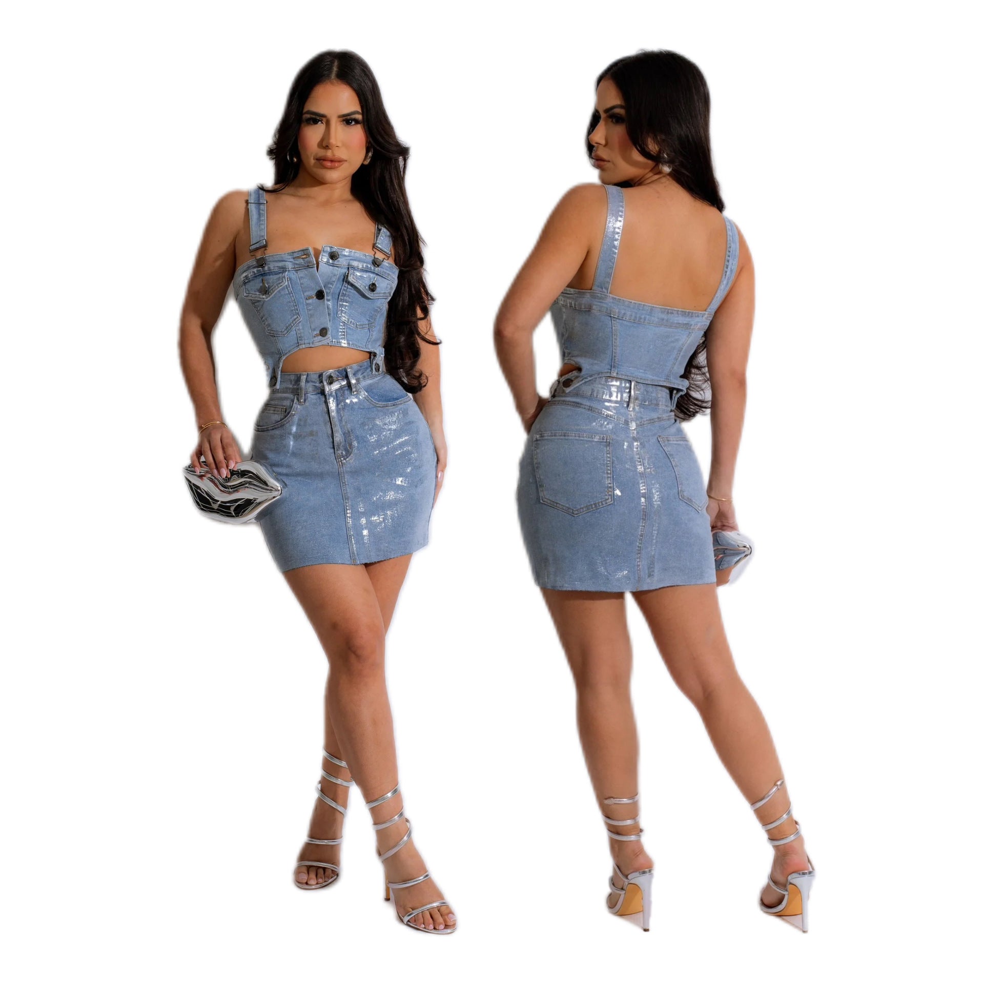 Women sexy silver hot stretchy denim detachable button Top and Skirt 2-piece set 4